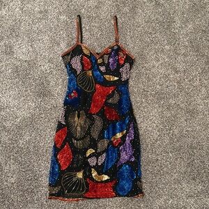 Black Sequin Mini Dress with Red, Blue, Purple & Gold Accents